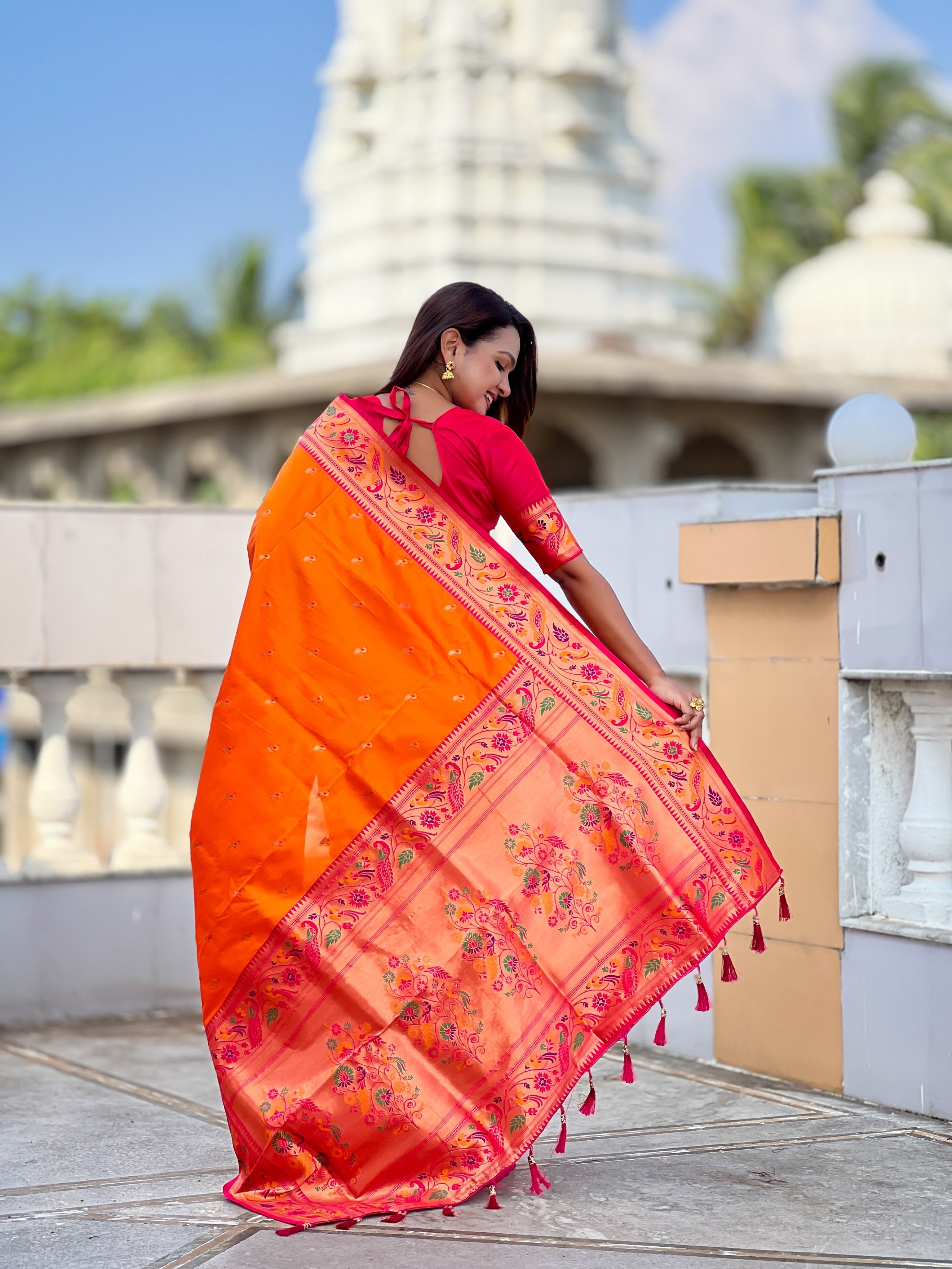 Vedant Vastram Soft Litchi Silk Paithani Jacquard Saree - Orange - Dista