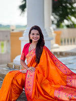 Thumbnail for Vedant Vastram Soft Litchi Silk Paithani Jacquard Saree - Orange - Dista