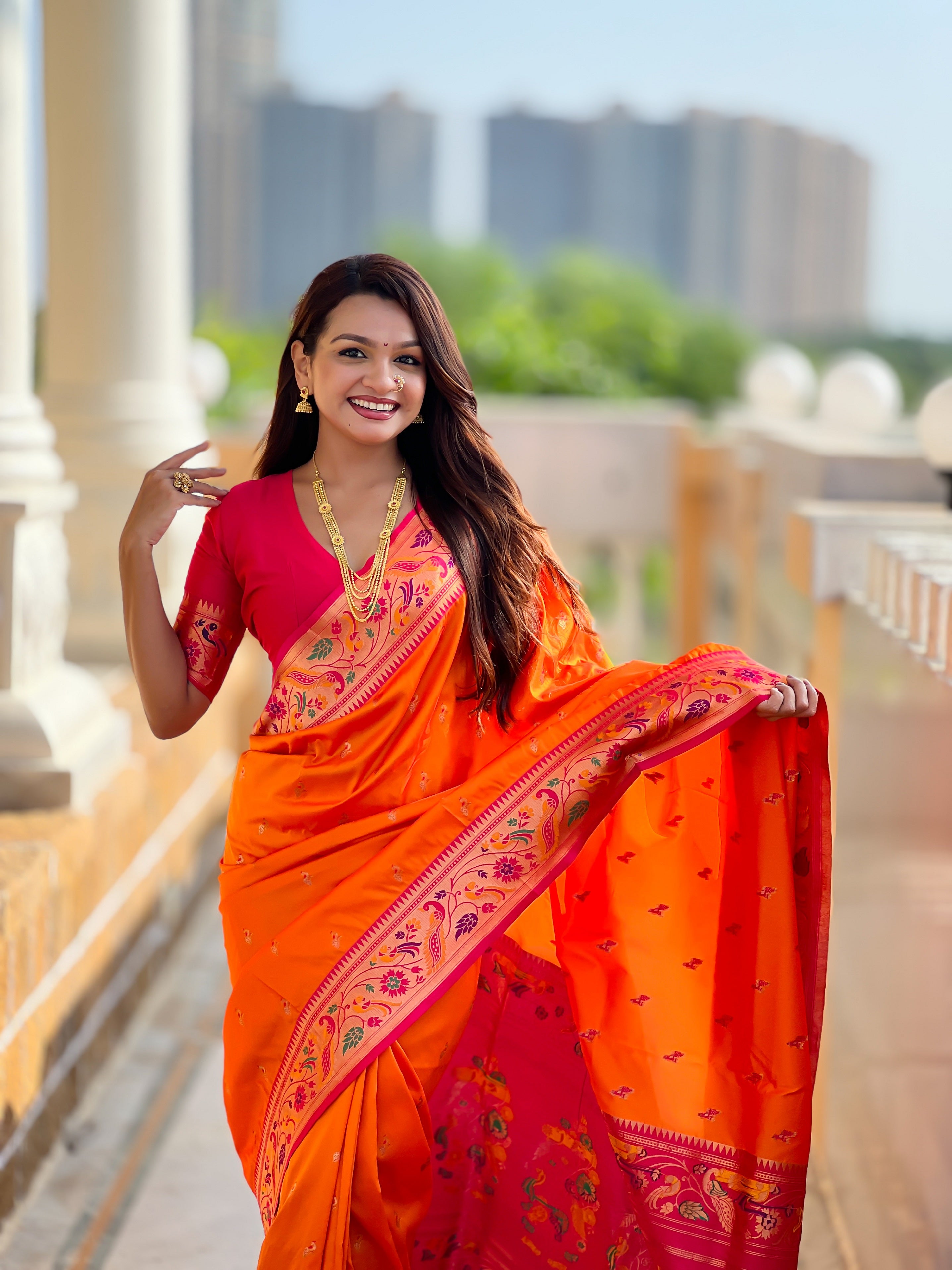 Vedant Vastram Soft Litchi Silk Paithani Jacquard Saree - Orange - Dista