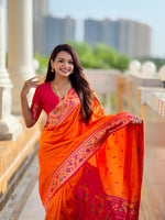 Thumbnail for Vedant Vastram Soft Litchi Silk Paithani Jacquard Saree - Orange - Dista
