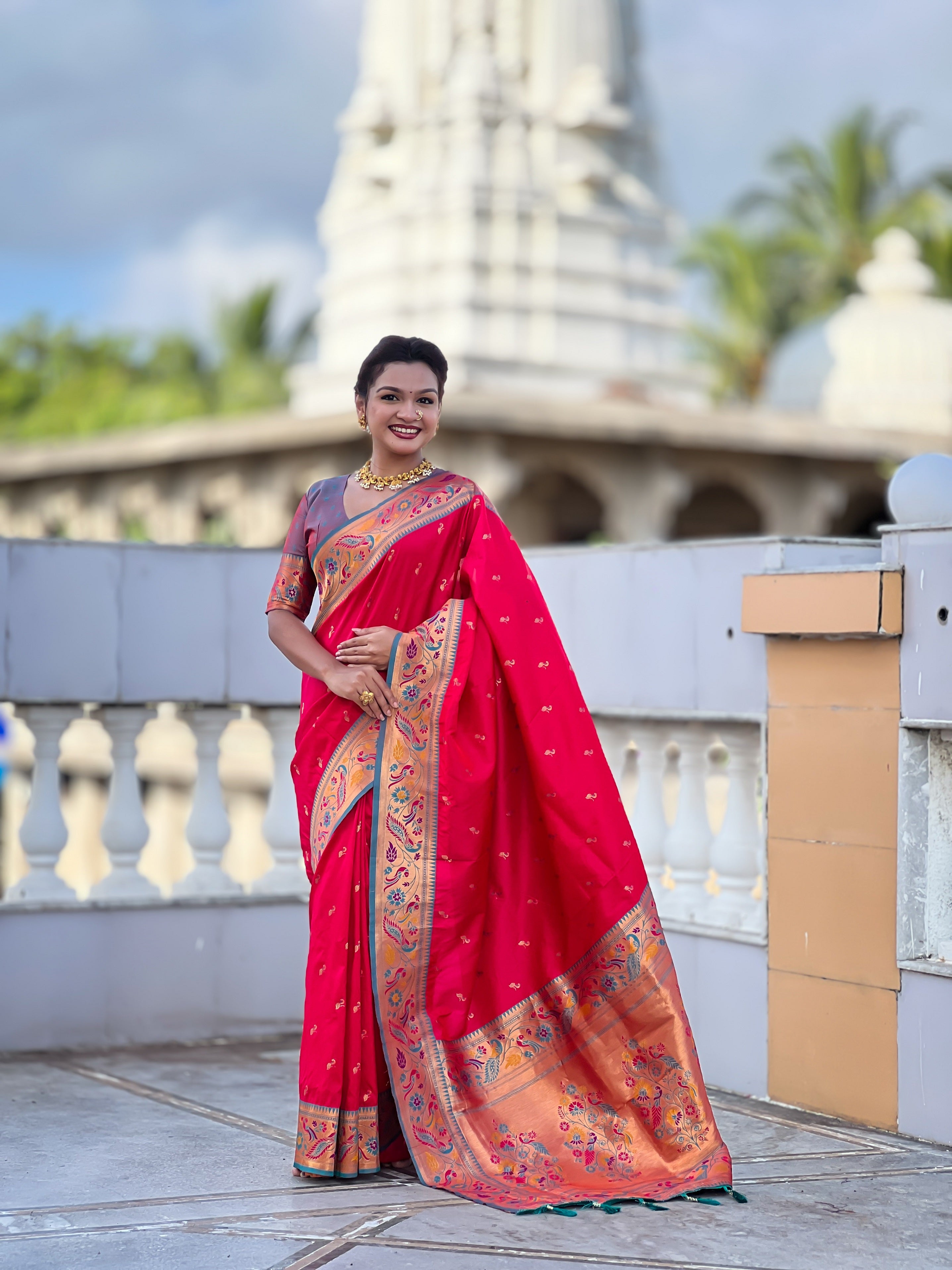 Vedant Vastram Soft Litchi Silk Paithani Jacquard Saree - Pink - Dista