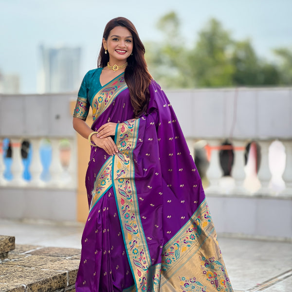 Vedant Vastram Soft Litchi Silk Paithani Jacquard Saree - Violet - Dista