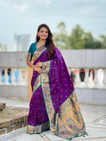 Thumbnail for Vedant Vastram Soft Litchi Silk Paithani Jacquard Saree - Violet - Dista