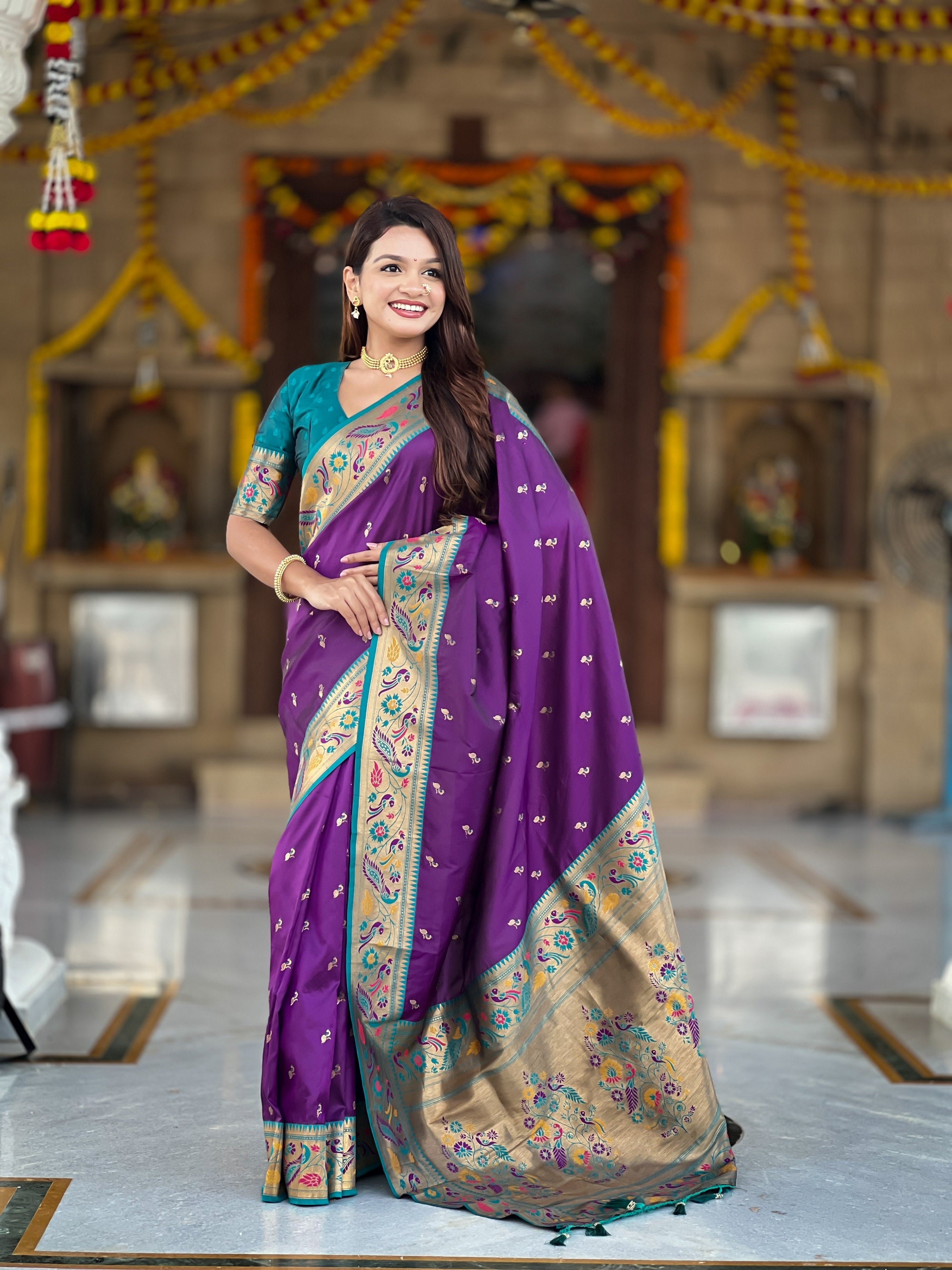 Vedant Vastram Soft Litchi Silk Paithani Jacquard Saree - Violet - Dista