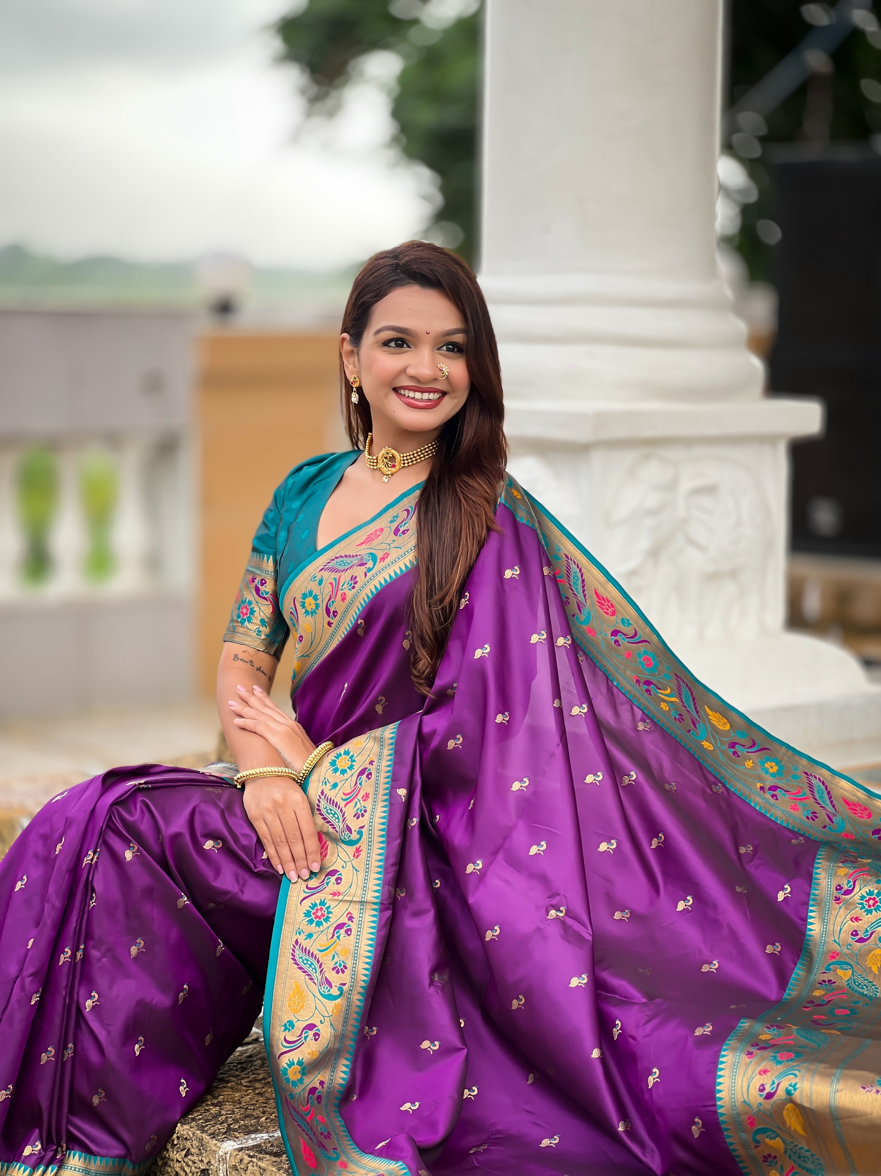 Vedant Vastram Soft Litchi Silk Paithani Jacquard Saree - Violet - Dista