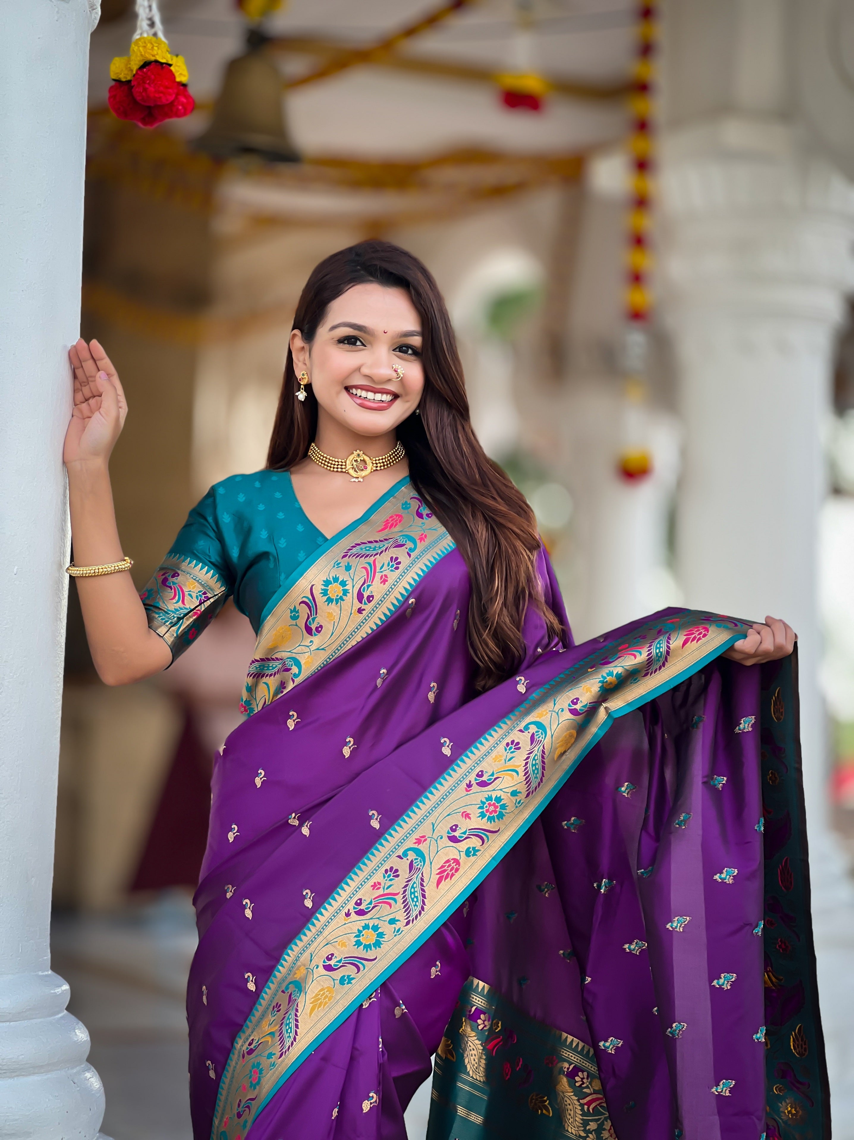 Vedant Vastram Soft Litchi Silk Paithani Jacquard Saree - Violet - Dista