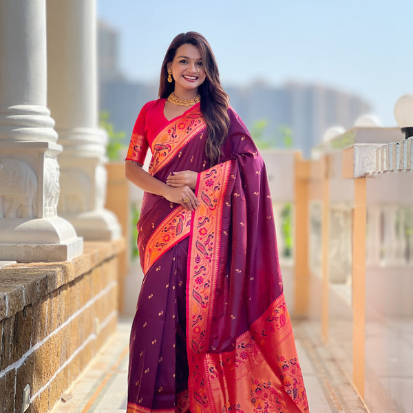 Vedant Vastram Soft Litchi Silk Paithani Jacquard Saree - Wine - Dista