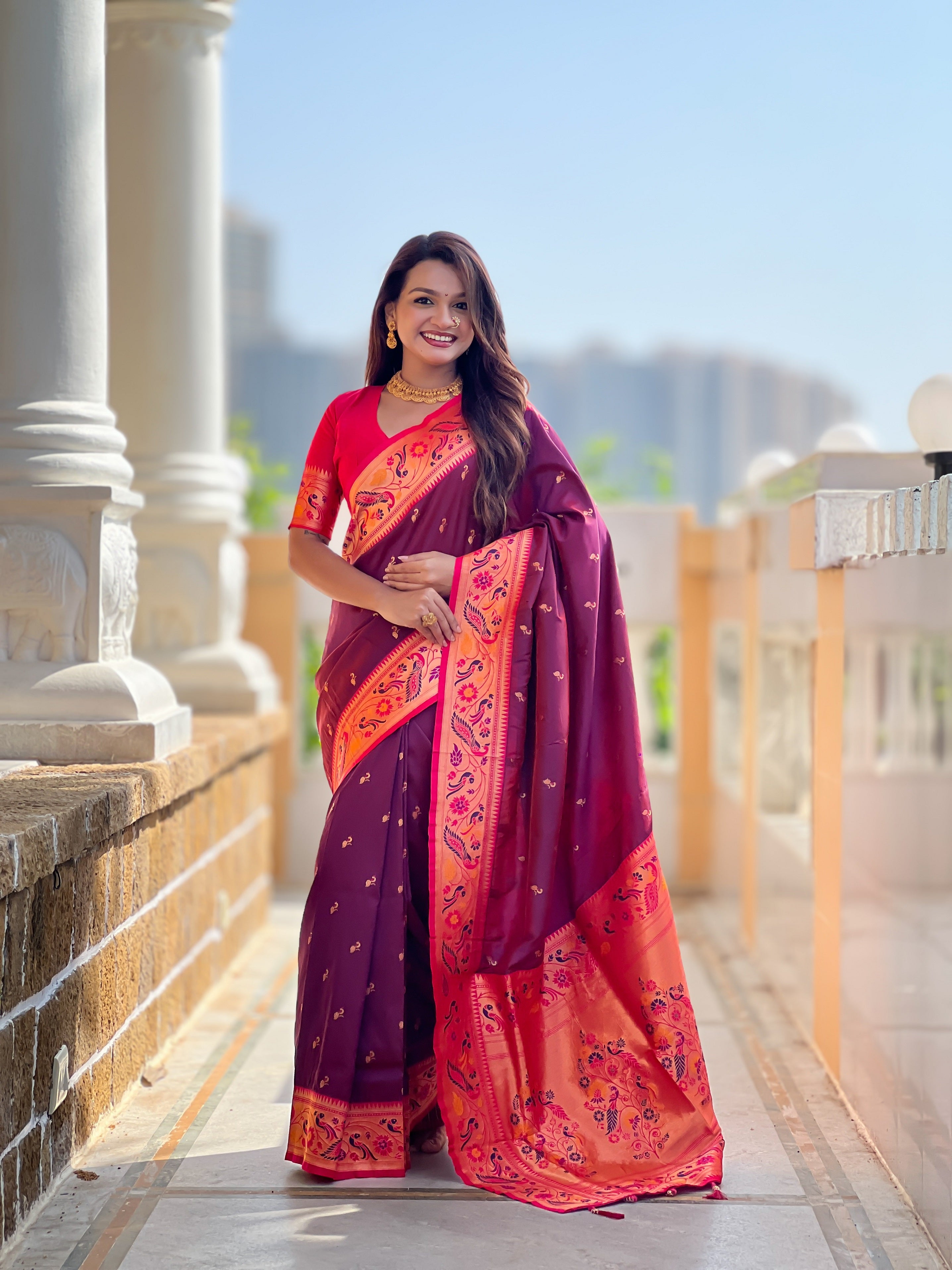 Vedant Vastram Soft Litchi Silk Paithani Jacquard Saree - Wine - Dista