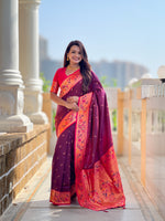 Thumbnail for Vedant Vastram Soft Litchi Silk Paithani Jacquard Saree - Wine - Dista