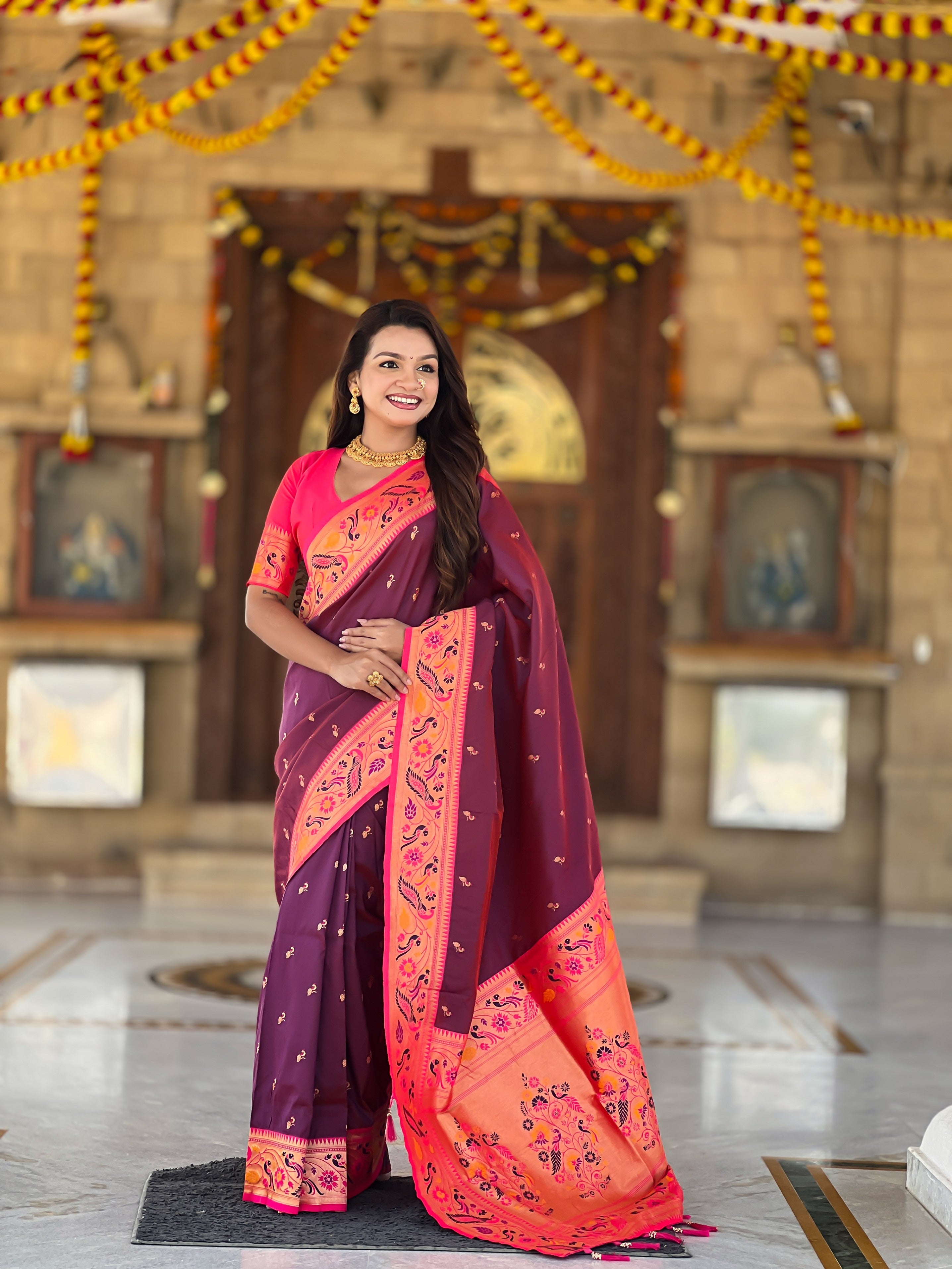 Vedant Vastram Soft Litchi Silk Paithani Jacquard Saree - Wine - Dista