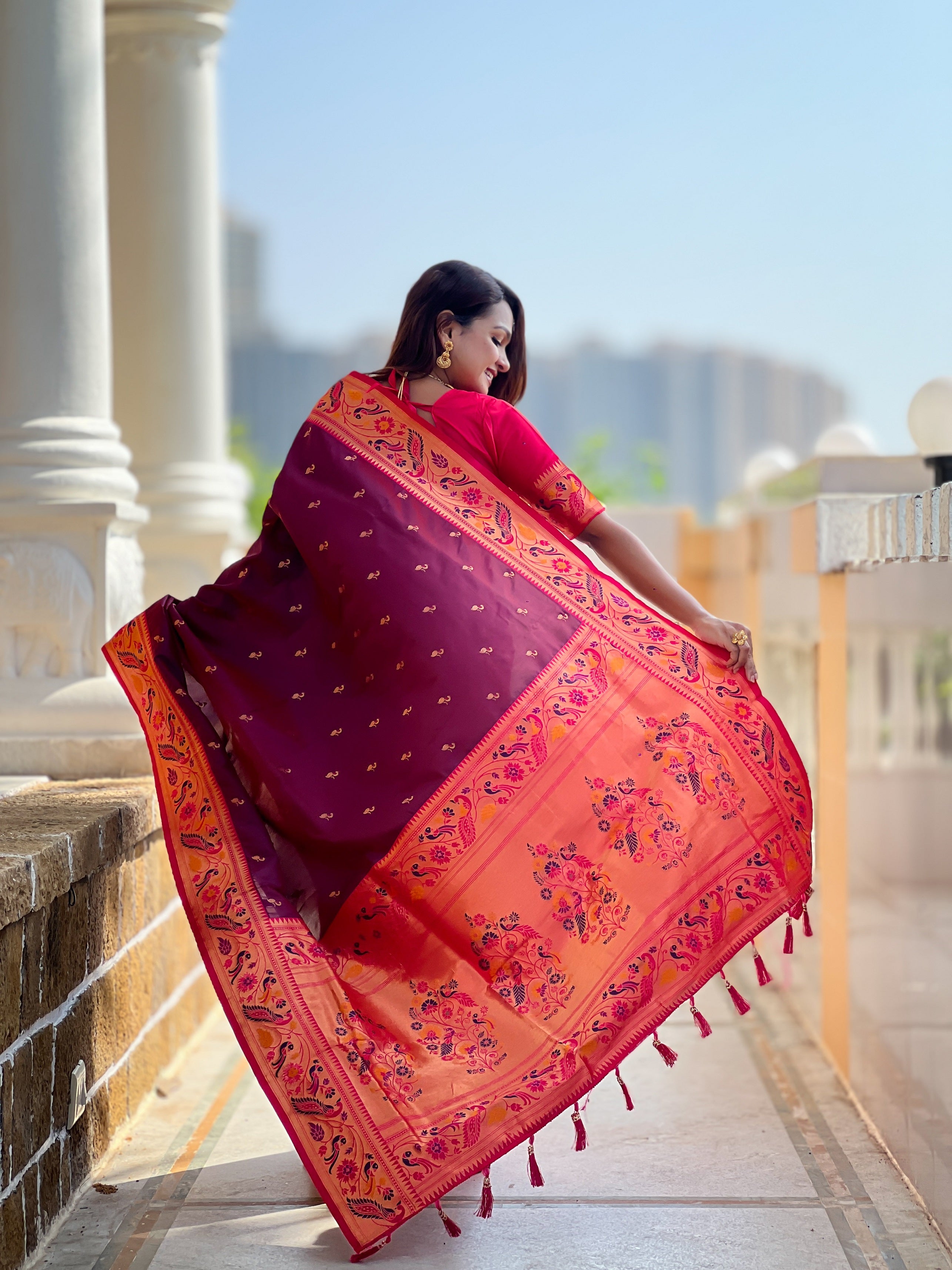 Vedant Vastram Soft Litchi Silk Paithani Jacquard Saree - Wine - Dista