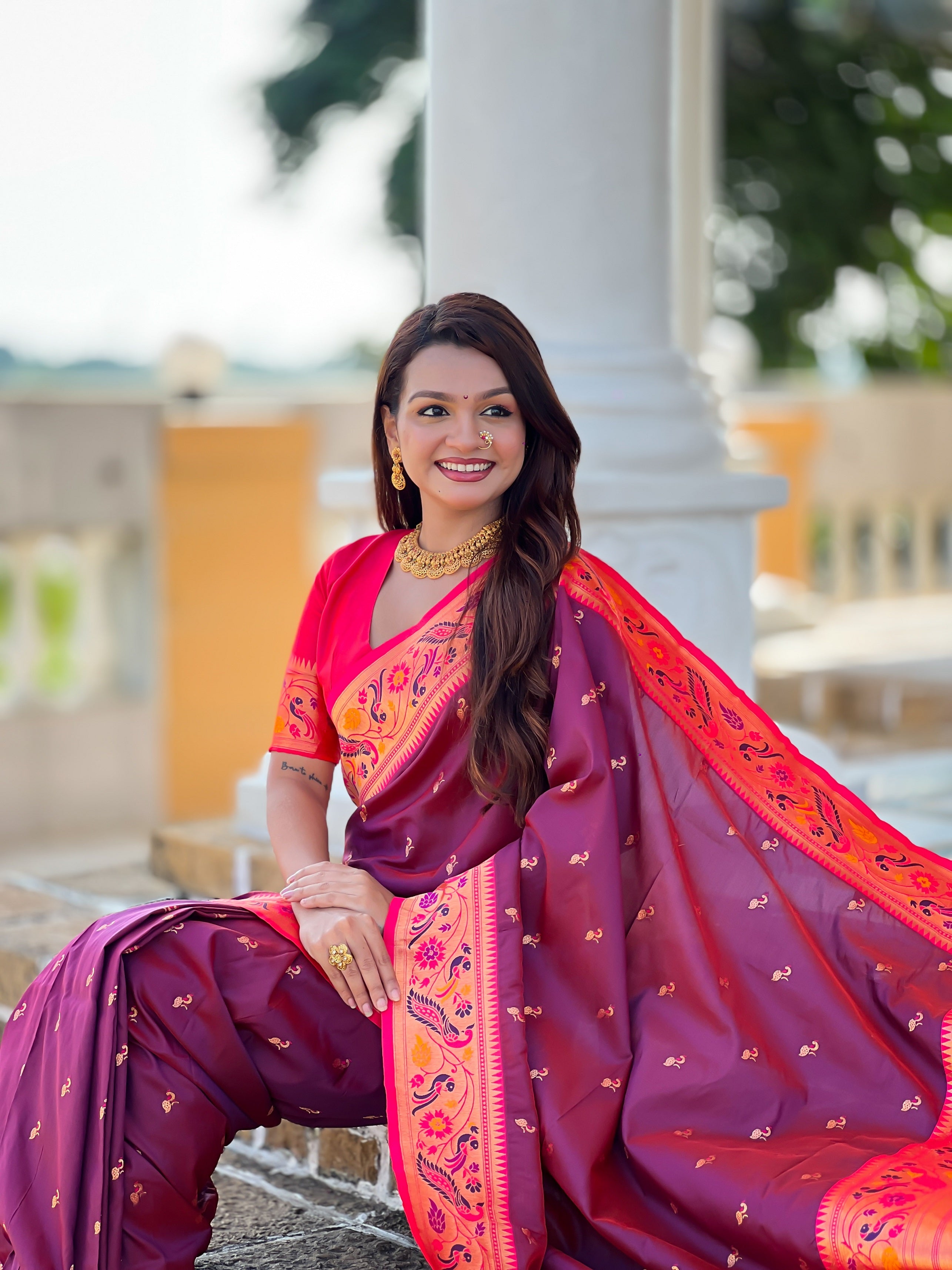Vedant Vastram Soft Litchi Silk Paithani Jacquard Saree - Wine - Dista