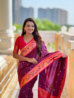 Thumbnail for Vedant Vastram Soft Litchi Silk Paithani Jacquard Saree - Wine - Dista