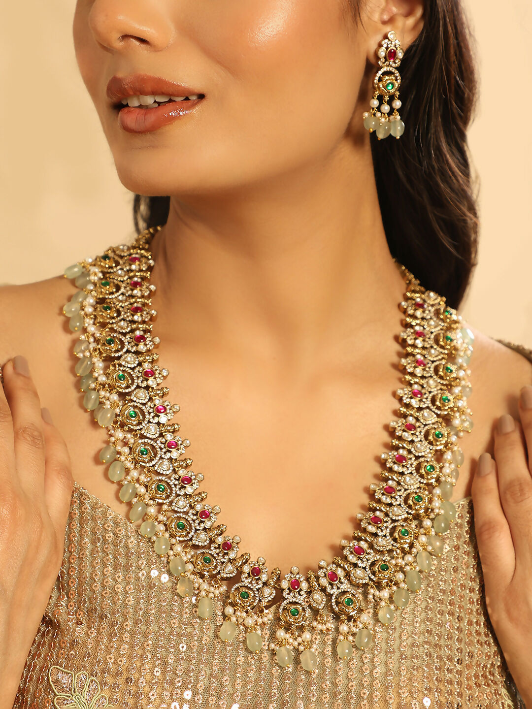 Nuyug 18K Gold Plated Divine Gold Tone Beaded Long Necklace Set