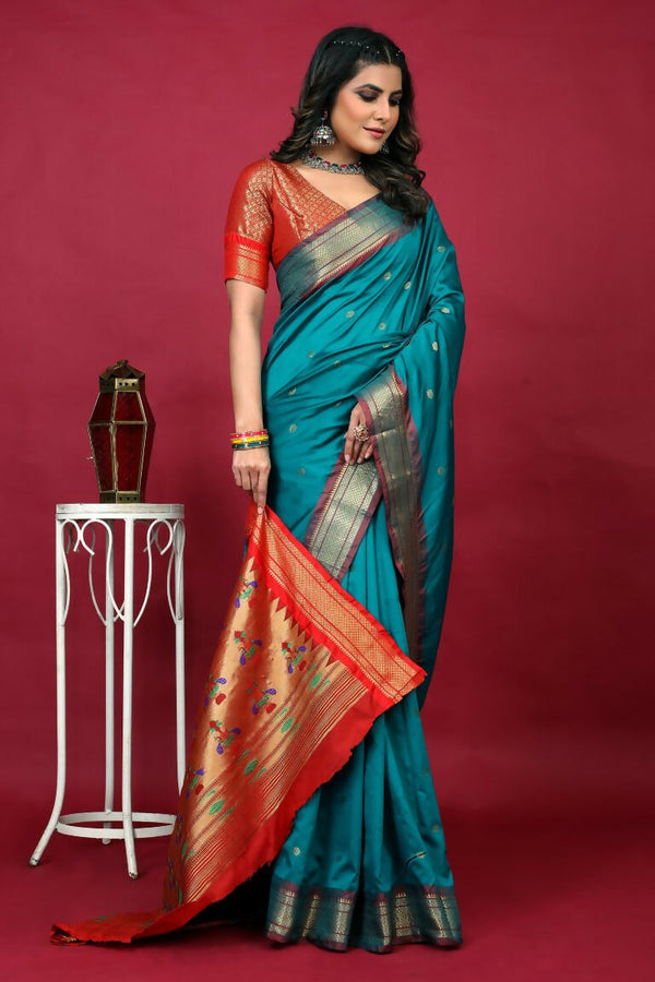 Jyoti Fashion Women's Sky Blue Paithani Silk Zari Woven Saree with Blouse - Distacart