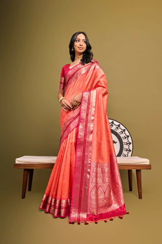 Vishnu Weaves Women's Peach Raw Silk Zari Woven Saree with Blouse - Distacart