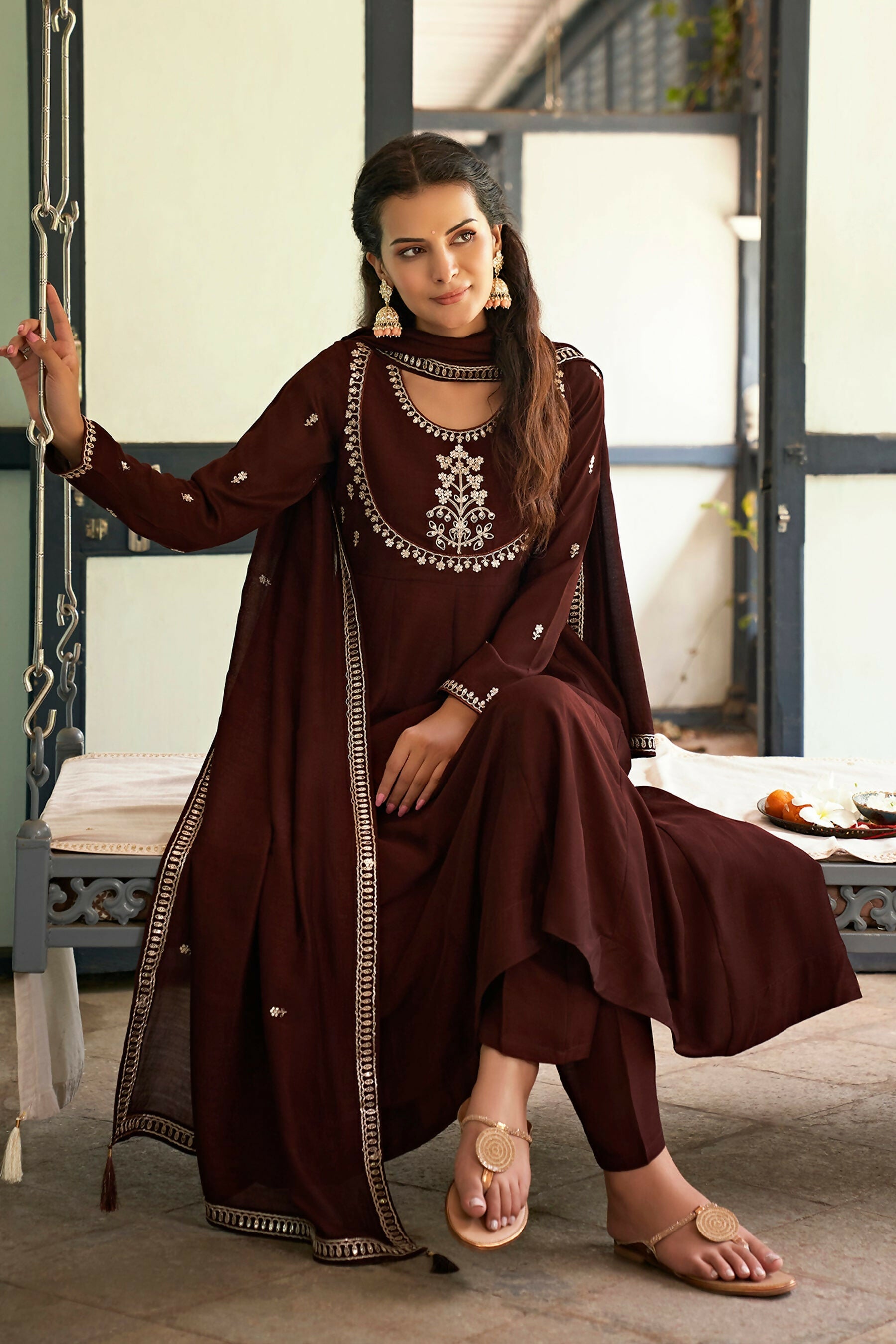 The52 Women's Beautiful Vichitra Silk Fabric Embroidery Work Flared Anarkali Pant and Dupatta Set - Distacart