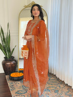 Thumbnail for Divine Drape Women's Vichitra Silk Embroidered Flared Kurta Pant With Dupatta - Orange