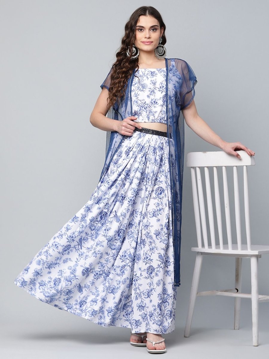 Ahalyaa Women Blue Crepe Printed Top with Skirt with Net Overlay - Distacart