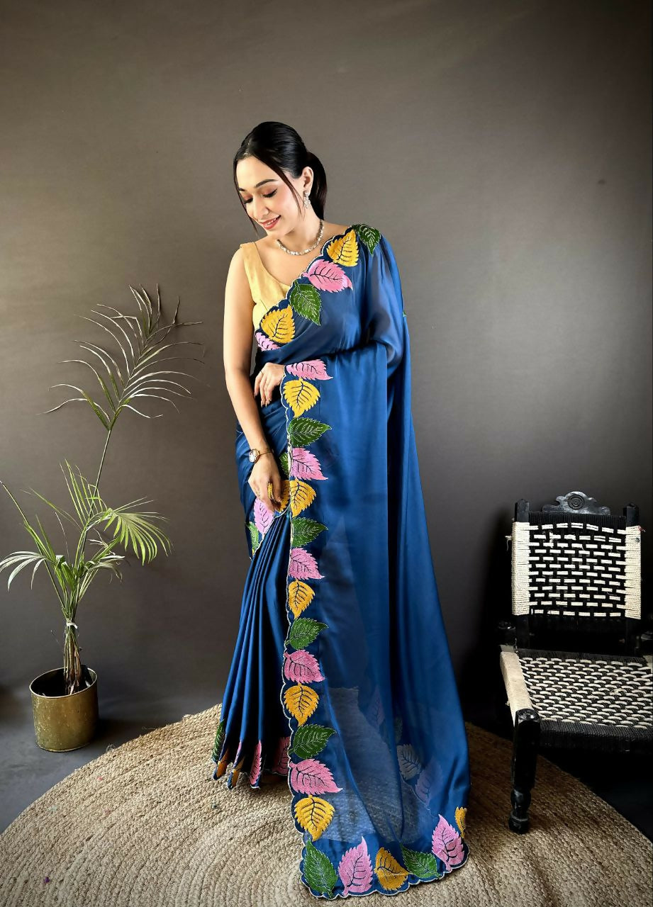 Prime Volt Multicolor Leaf Embroidery Rangoli Silk Saree with Scalloped Border-Blue - Dista