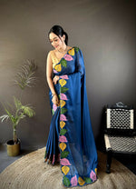 Thumbnail for Prime Volt Multicolor Leaf Embroidery Rangoli Silk Saree with Scalloped Border-Blue - Dista