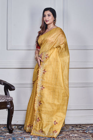 Morchari Yellow Kota Check Zari Embroidery Saree Unstitched Blouse