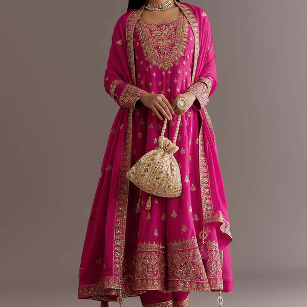 Teeya Creation Pink Color Chinnon Silk Embroidery Work Gown - Distacart