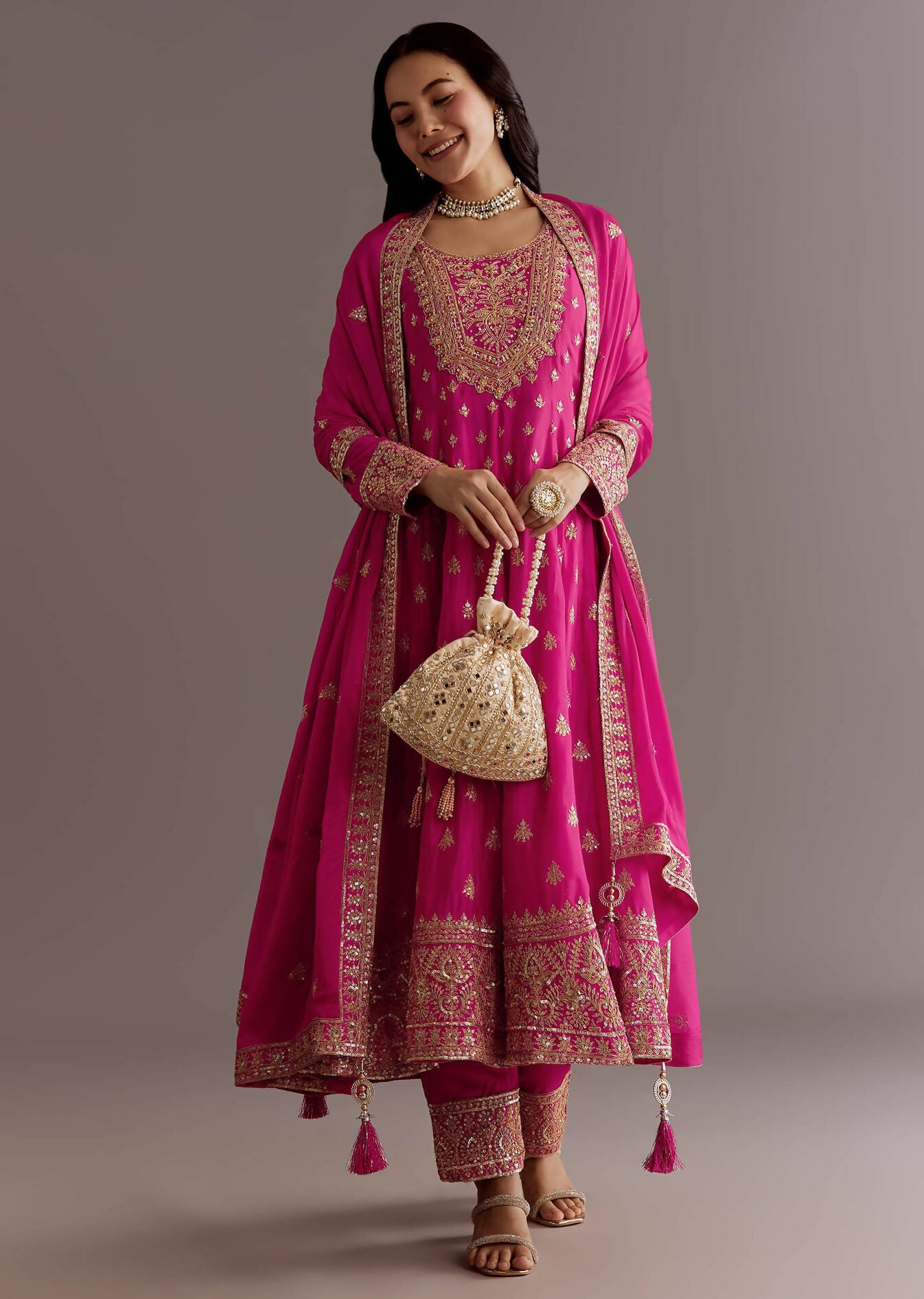 Teeya Creation Pink Color Chinnon Silk Embroidery Work Gown - Distacart