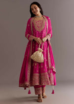 Thumbnail for Teeya Creation Pink Color Chinnon Silk Embroidery Work Gown - Distacart
