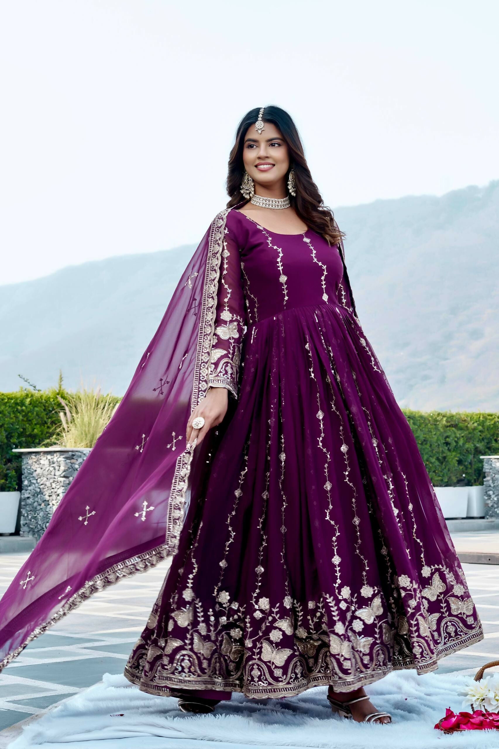 Teeya Creation Womens New Trendy Heavy Cording Sequence & Beads Embroidery Work Purple Gown Set - Dista