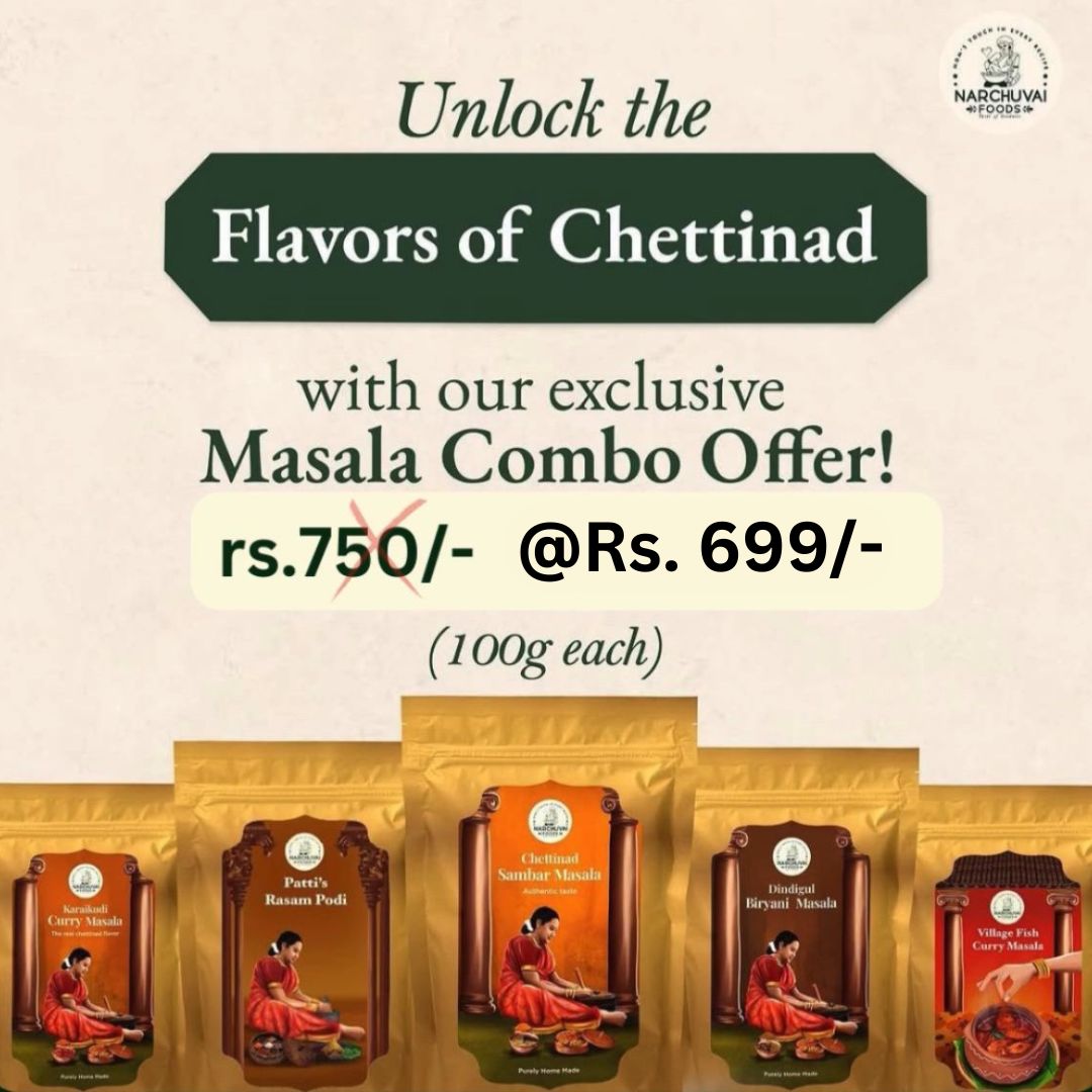 Narchuvai Foods Flavors of Chettinad Combo (Chettinad Sambar Masala + Karaikudi Curry Masala + Dindugul Biryani Masala + Fish Curry Masala + Patti's Rasam Podi) - Distacart