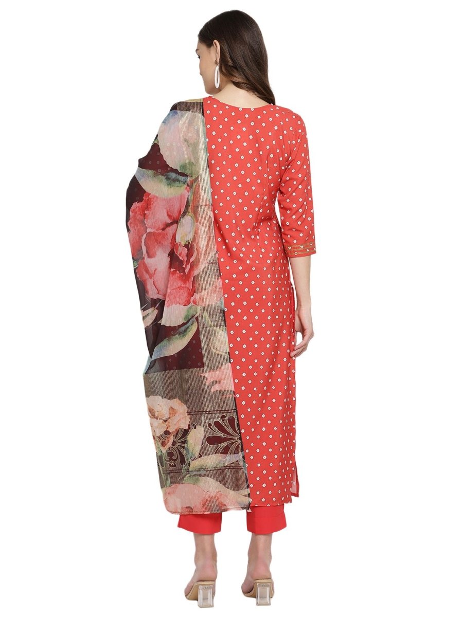 Ahalyaa Red Crepe Bandhani Gold Printed Kurta Pant With Dupatta
