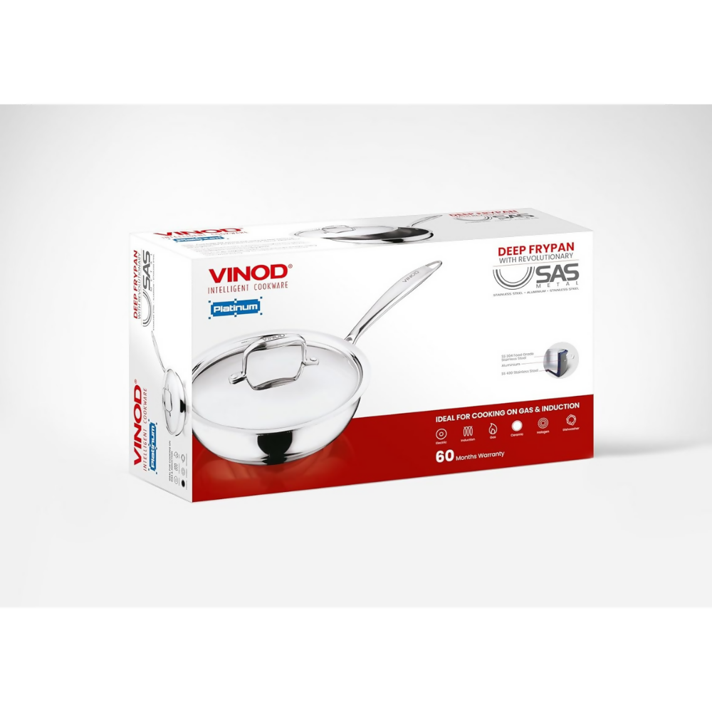 Vinod Platinum Triply Stainless Steel Deep Frying Pan with Lid - Dista