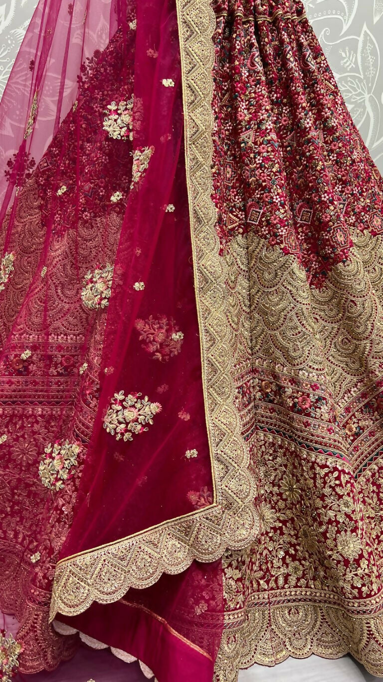 Jyoti Fashion Women's Rani Pink Velvet Fancy Dori & Sequins Multi Thread Embroidered with Diamond Work Wedding Lehenga Choli - Distacart