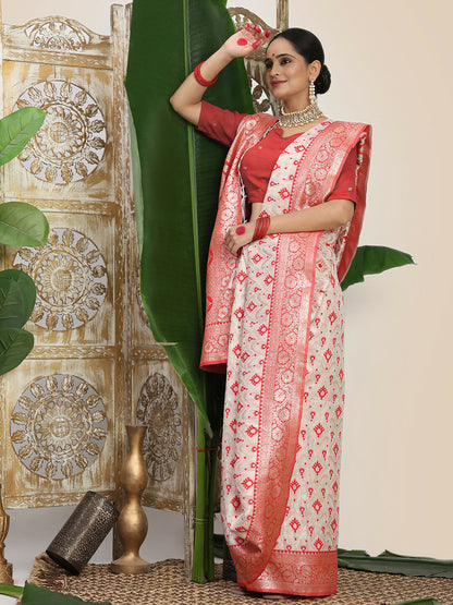 Shree Shyam Fashion Linen Cotton Red & White Saree - Distacart