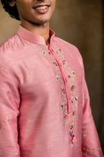Thumbnail for Falling Raw Silk Pink Gulab Pakshi Kurta Set By Hilo Design