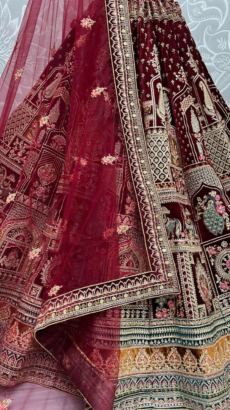 Jyoti Fashion Women's Maroon Velvet Fancy Dori & Sequins with Multi Thread Embroidered with Diamond Work Wedding Lehenga Choli - Distacart