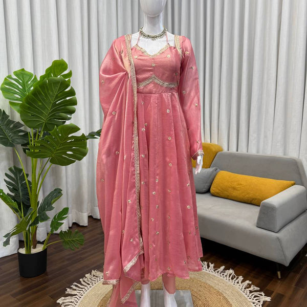 Prazu Fashion Dusty Rose Pink Fendy Silk Thread Sequence Anarkali Suit