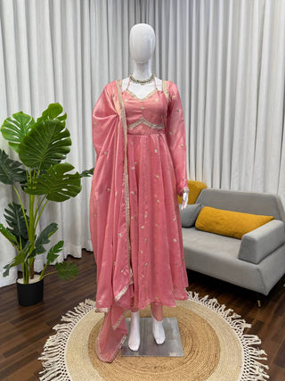 Prazu Fashion Dusty Rose Pink Fendy Silk Thread Sequence Anarkali Suit