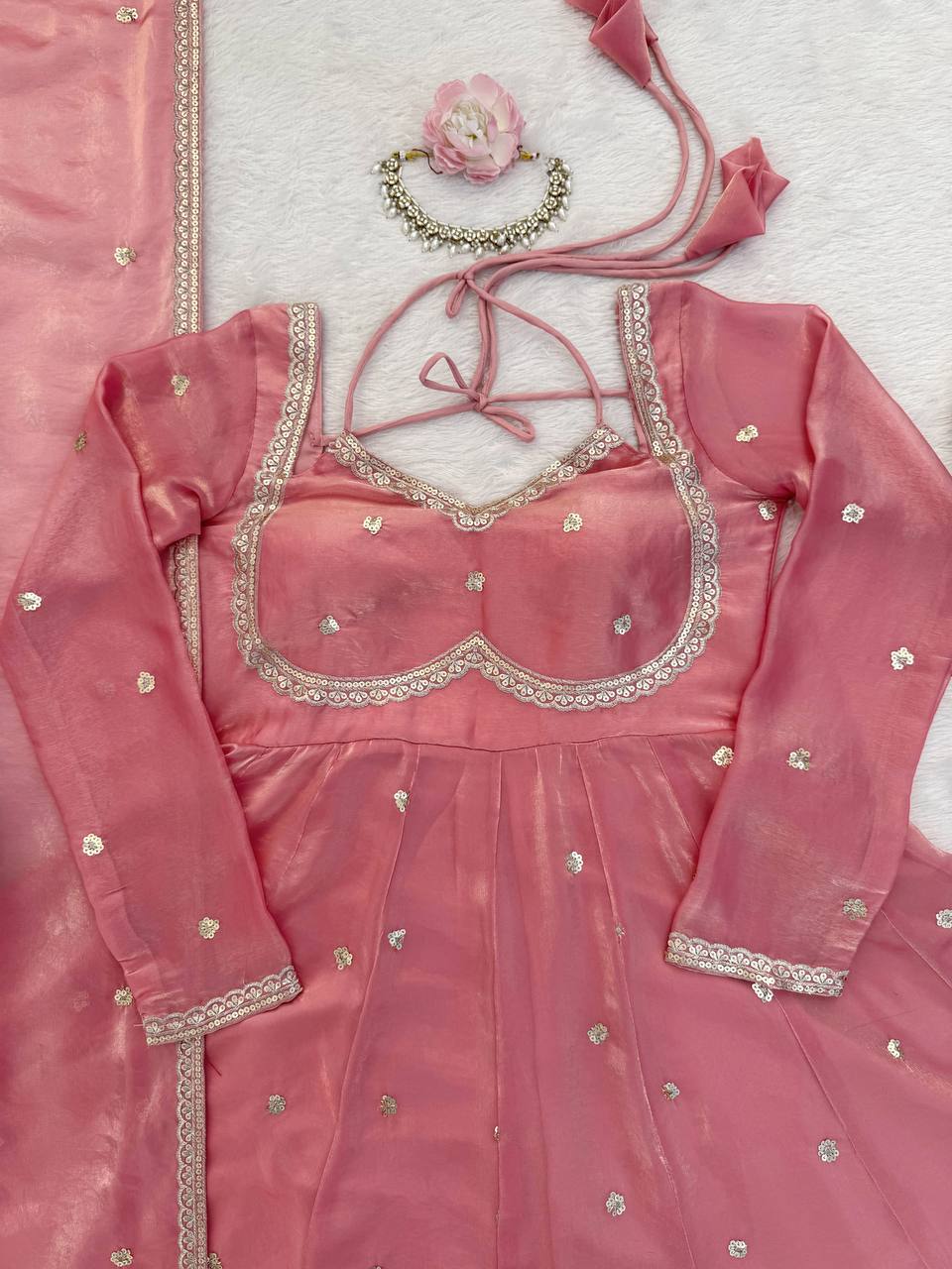 Prazu Fashion Dusty Rose Pink Fendy Silk Thread Sequence Anarkali Suit