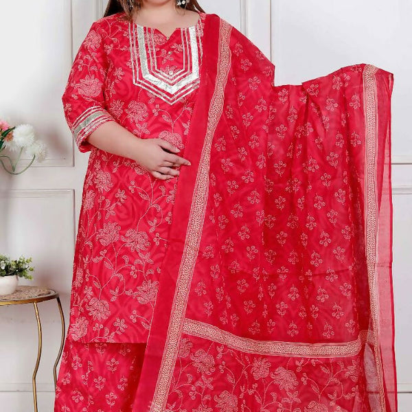 Miravan Plus Size Red Floral Print Embroidered Cotton Straight Kurta With Palazzo & Dupatta - Distacart