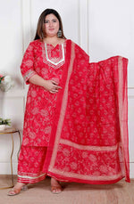 Thumbnail for Miravan Plus Size Red Floral Print Embroidered Cotton Straight Kurta With Palazzo & Dupatta - Distacart