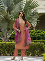 Thumbnail for The52 Orange Women's Gorgeous Embroidered Rayon Fabric with Straight Kurta, Pant and Dupatta Set - Distacart