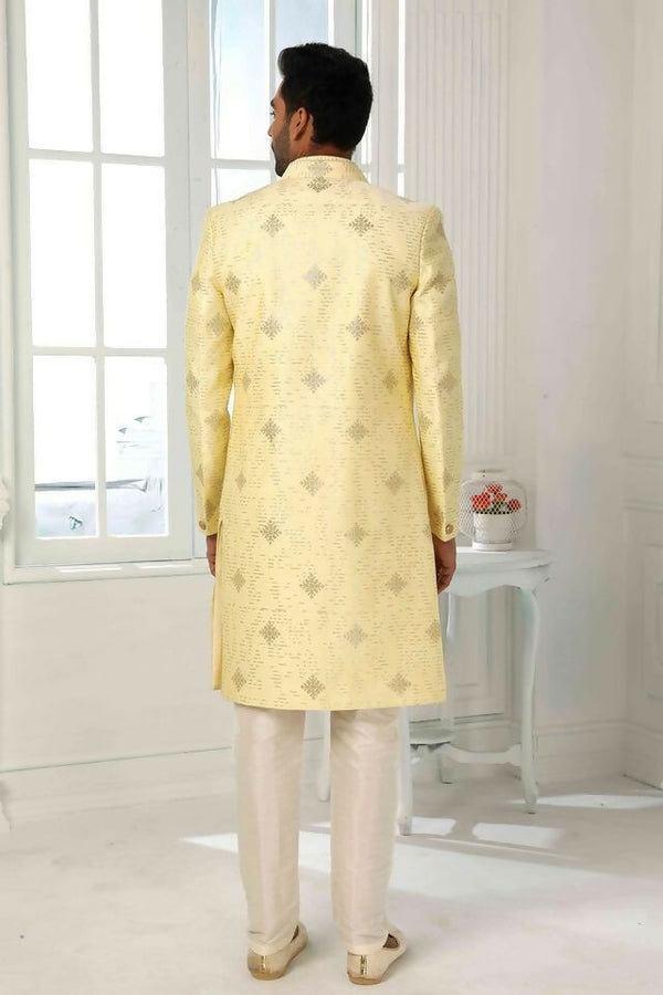 Raivat Ethnic Art Silk Embroidery Work 3 Pcs Indo Jacket Set In Yellow Colour