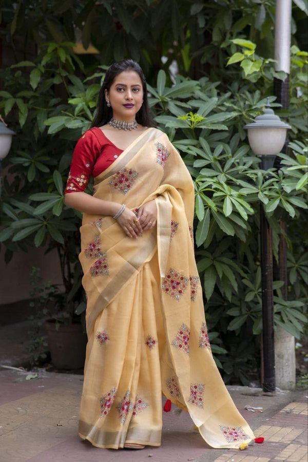 Yellow Pure Linen Ethnic Motifs Saree with Unstitched Blouse - Hiral Fashion - Distacart