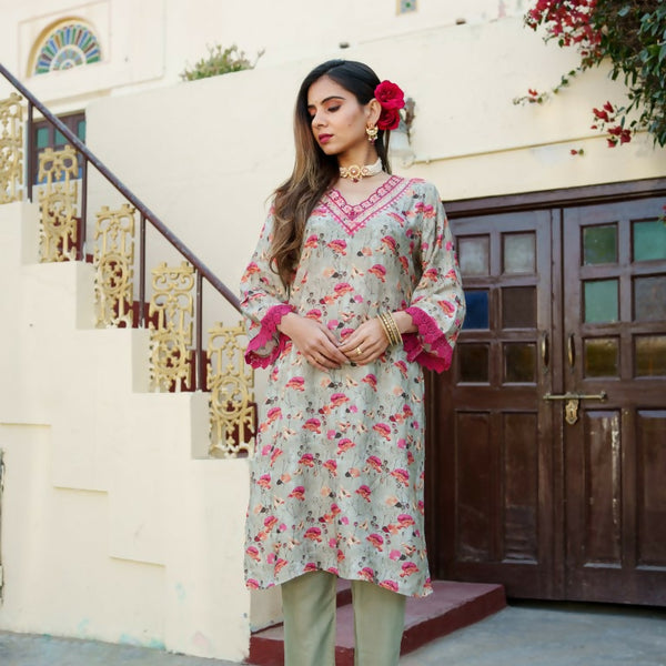 Vaasva Women Pista Green Muslin Embroidered Kurta & Pant Set - Distacart