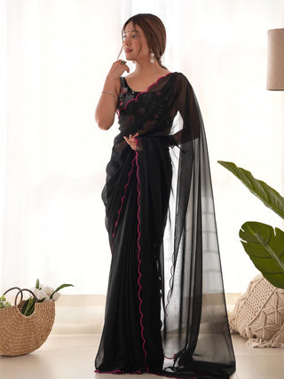 Mitera Embroidered Border Solid Pure Georgette Saree - Distacart