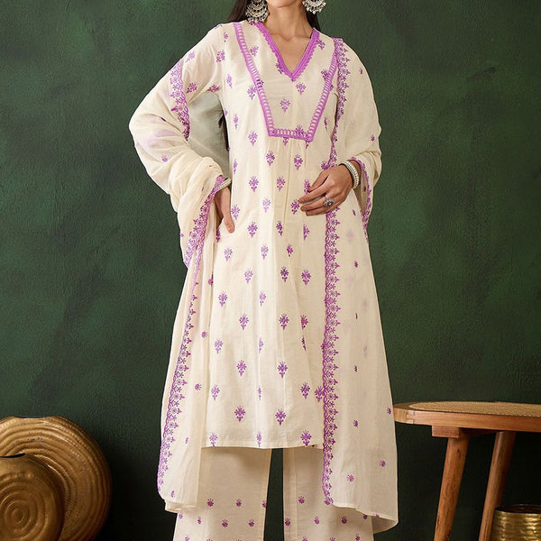 Sangria Purple Floral Embroidered Thread Work Pure Cotton Kurta & Palazzos With Dupatta - Distacart