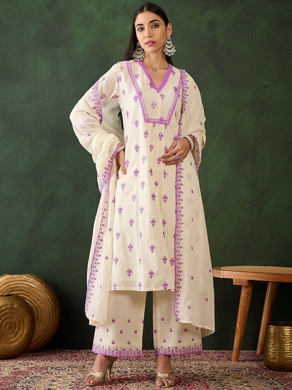 Sangria Purple Floral Embroidered Thread Work Pure Cotton Kurta & Palazzos With Dupatta