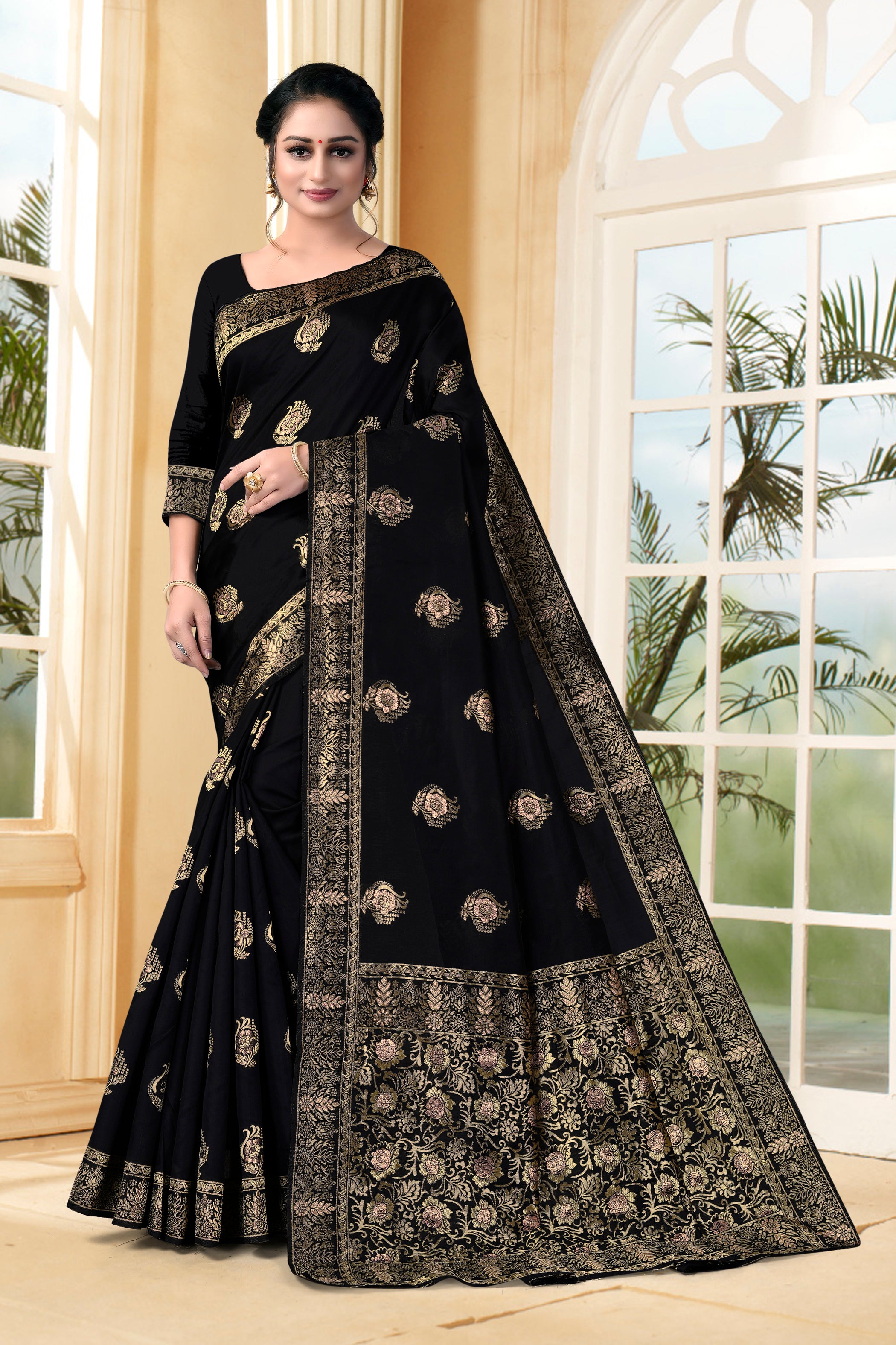 Vedant Vastram Litchi Silk Designer Banarasi Saree - Black - Distacart